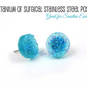 Aqua Turquoise Glitter Druzy Stud Earrings - Blue Crystal AB 12mm Faux Druzy Post Titanium or Stainless Steel Studs - Winter Wedding