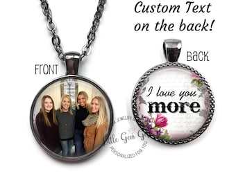 Custom Text Double Sided Photo & Text Necklace - 2 Sided Personalized Picture Your Words Quote Necklace Charm - 4 Finishes 23 Designs