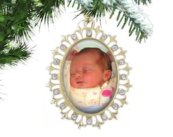 Custom Photo Christmas Tree Ornament - Rhinestone Snowflake 30x40mm Personalized Picture Charm in Silver, Gold or Black