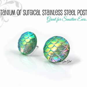 Mint Green Dragon Scale Earrings - Rainbow Color Changing 12mm Studs Titanium or Surgical Stainless Steel Posts - Mermaid Scale Earrings