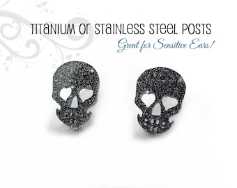 Sugar Skull Earrings - Skull Stud Earrings in Titanium or Stainless Steel Post Earrings for Sensitive Ears - 5 colors Available