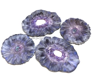 Set of 4 Resin Coasters - Purple and White Moonstone Agate Slices - Double Sided Geode Coasters