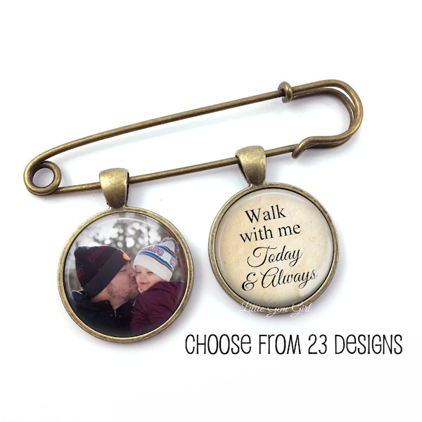 Handmade Custom Photo Groom Memorial Lapel Pin with 2 Charms Silver or Bronze Wedding Picture Boutonniere - Walk with me Today and Always