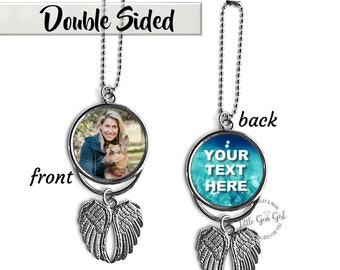 2 Sided Rearview Car Mirror In Memory Memorial Angel Wing Charm with Your Custom Photo and Text - Silver or Gold Finish 3.74 x 1.81"