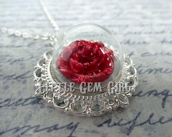 Enchanted Red Rose Necklace - Beauty and the Beast Rose Jewelry Silver Wedding Bridal Fairy Tale Jewelry - Once Upon a Time Glass Jewelry