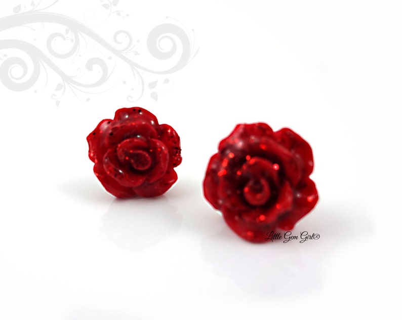 Beauty and the Beast Earrings Enchanted Red Rose Studs Titanium or Stainless Steel Studs Sensitive Ears Belle Tiny Rose Earrings image 2