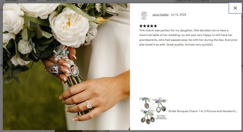 May include: A bridal bouquet charm with three photo frames, each containing a different picture. The charm is attached to a bouquet of white flowers. The text "Bridal Bouquet Charm 1 to 3 Picture and Handwriti..." is visible below the charm.
