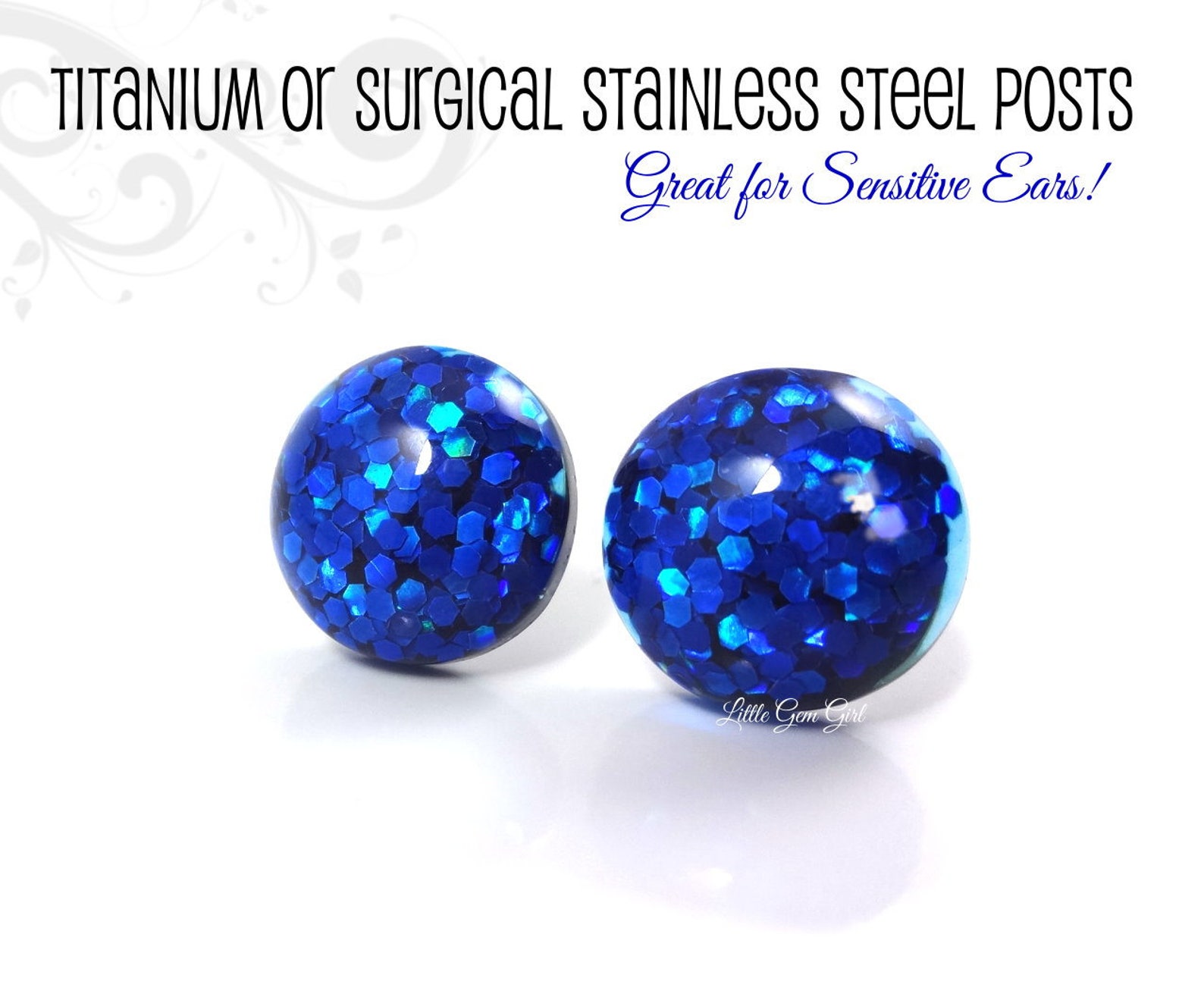 Navy Blue Glitter Stud Earrings 12mm Dark Blue Sparkle Studs Etsy