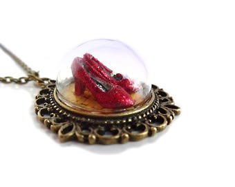 The Wonderful Wizard of Oz Necklace - Ruby Red Slippers Pendant - Oz Jewelry on the Yellow Brick Road Glass Dome Brass Pendant