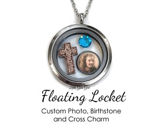 Personalized Floating Locket with Premium Crystal Birthstones, Photo Charm and Cross - Custom Memorial Picture Jewelry