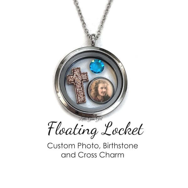 Personalized Floating Locket with Premium Crystal Birthstones, Photo Charm and Cross - Custom Memorial Picture Jewelry