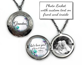 Mother's Day Custom Photo Locket with Your Text - Silver, Antique Bronze or Gunmetal with 23 Designs - Personalized Picture Locket