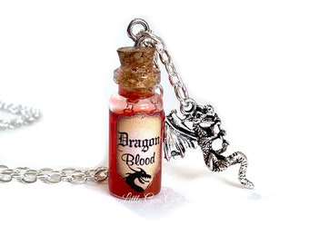 Dragon Blood Bottle Necklace - Dragon Charm Necklace - Mini Glass Bottle Potion Vial Charm - Red Copper Shimmer - Dragon Slayer Magic Spells