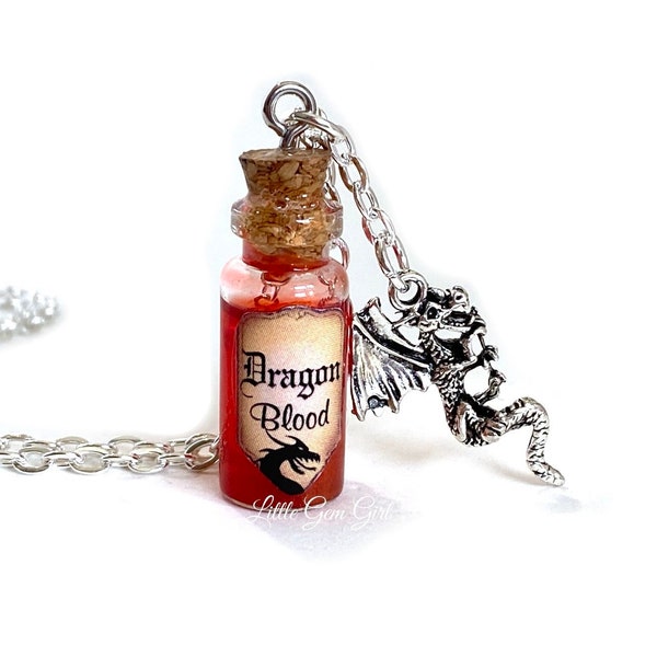 ドラゴン ブラッド ボトル ネックレス - ドラゴン チャーム ネックレス - ミニ ガラス ボトル ポーション バイアル チャーム - レッド コッパー シマー - ドラゴン スレイヤー マジック スペル