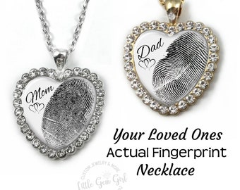 Actual Fingerprint Necklace - Custom Imprint Jewelry - Rhinestone Heart  Fingermark Memorial Pendant in Silver or Gold Finish