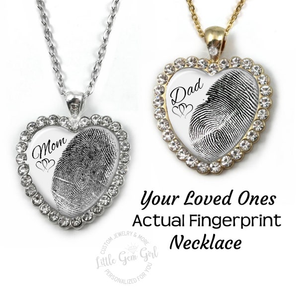 Actual Fingerprint Necklace - Custom Imprint Jewelry - Rhinestone Heart  Fingermark Memorial Pendant in Silver or Gold Finish