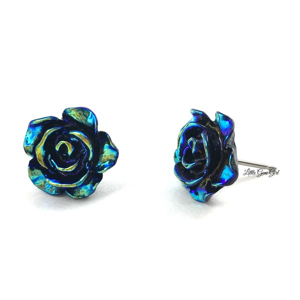 12mm Iridescent Blue Black Rose Stud Earrings Titanium or Stainless Steel Studs for Sensitive Ears - Peacock Rose Earrings