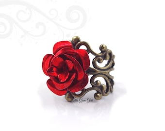 Red Rose Ring - Beauty and the Beast Rose Ring - Enchanted Rose Jewelry - Vintage Brass Filigree Valentine Ring Fairy Tale Jewelry