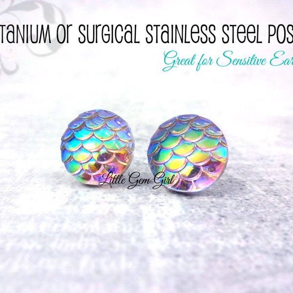 Rainbow Color Changing Studs - 3 Sizes - Iridescent AB Mermaid Scale Earrings - White Dragon Egg Post Earrings - Titanium or Stainless Steel