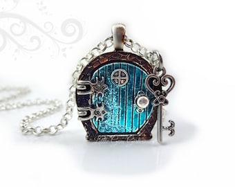 Fairy Door Locket Necklace - Alice's Adventures in Wonderland Door Charm - Aqua Blue Sparkly Door with Key - Fairy Tale Charm