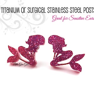 Pink or Blue Mermaid Earrings - Mermaid Silhouette Earrings - Hot Pink Mermaid Studs in Titanium or Stainless Steel Studs