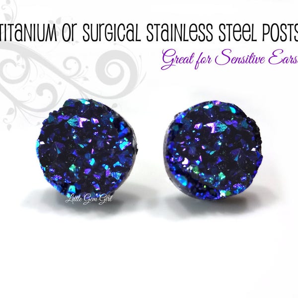 Midnight Purple Teal Aqua Druzy Stud Earrings Titanium or Stainless Studs - 3 sizes - Black Crystal Faux Drusy Post Earrings