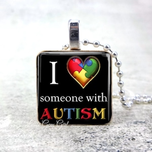 Autism Support Necklace I Love someone with Autism Awareness Puzzle Heart Wood Pendant