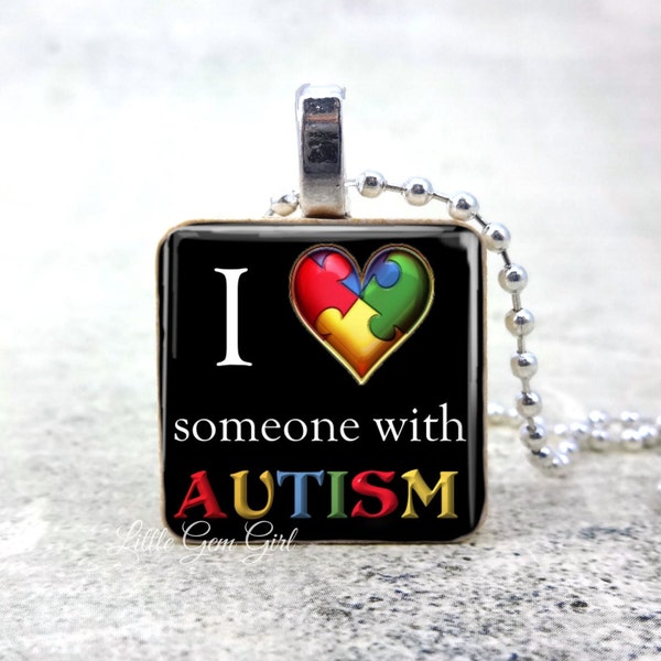 Collar de apoyo al autismo Amo a alguien con colgante de madera de corazón de rompecabezas de concienciación sobre el autismo