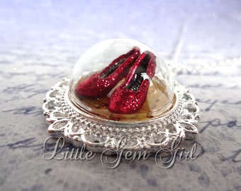 Ruby Red Slipper The Wonderful Wizard of Oz Necklace - Silver Victorian Oz Jewelry - Follow the Yellow Brick Road Glass Dome