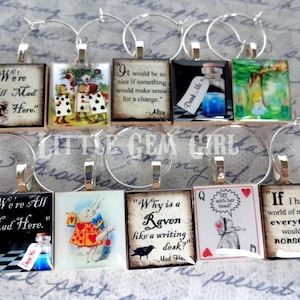 Alice Adventures in Wonderland Wine Charms - YOU PICK 10 Designs - Queen of Hearts White Rabbit Drink Me Book Quote Scrabble Pendants