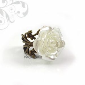 White Rose Ring - Off White Rose Ring Iridescent with AB effect - 6 Metal Finishes HIGH QUALITY Adjustable Filigree Ring Rose Jewelry