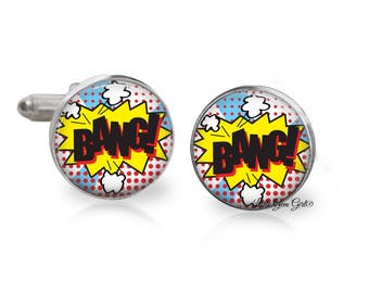 Comic Book Cuff Links - Retro Comic Book BANG Groom Cufflinks - Wedding Groomsmen Gift - Stainless or Sterling Silver