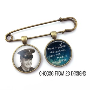 Custom Photo Groom Memorial Lapel Pin with 2 Charms Silver or Bronze Wedding Picture Boutonniere - Those we love don&#39;t go away