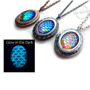 Glowing Dragon Egg Locket - Glow in the Dark Mermaid Scale Necklace - Vintage Victorian Style - Holds 2 Photos