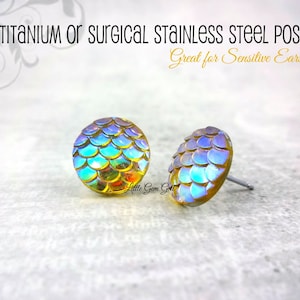 12mm Yellow Orange Dragon Scale Earrings - Rainbow AB Color Changing Studs -Titanium or Stainless Steel Posts - Fantasy Mermaid Jewelry