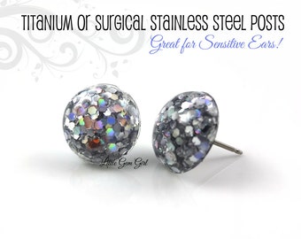Silver Glitter Stud Earrings in Stainless Steel or Titanium Posts for Sensitive Ears - Iridescent Rainbow Glitter Disco Ball Earrings