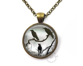 Gothic Crow Pendant Necklace - 3 Crows in Tree Necklace or Key Chain Charm - Black Raven Bird Nevermore Jewelry