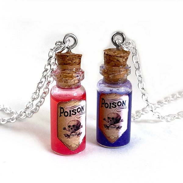 Mini Poison Glass Bottle Necklace - Poison Vial Charm - Many Colors of Liquid Shimmer - Halloween Gothic Apothecary Jars and Bottles