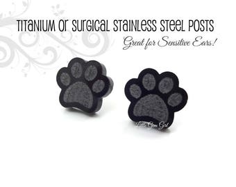 Paw Print Earrings in Titanium or Stainless Steel - Pawprint Stud Earrings - Black Dog Paw Print Earrings - Cat Pawprint Earrings