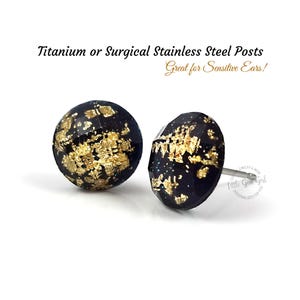 10mm Black Gold Studs - Black Galaxy Glitter Gold Foiled Faceted Earrings with Titanium or Stainless Posts - Leprechaun Jewelry
