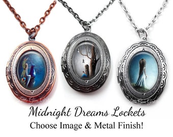 Midnight Dreams Lockets - You Choose the Image & Metal Finish - Oval Locket Holds 2 Photos - Whimsical Girls Necklace