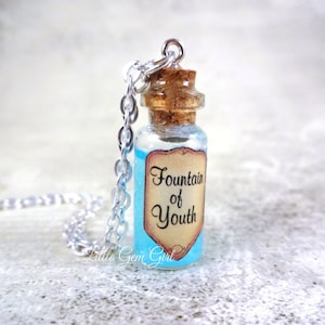 Fountain of Youth Mini Bottle Necklace - Magic Potion Glass Vial Charm - Blue Liquid Shimmer - Live Forever Infinity Eternal Youth
