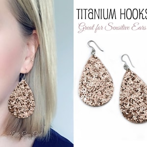 Light Champagne Brown Leather Teardrop Earrings in Titanium for Sensitive Ears - Glitter Teardrop Earrings Hypoallergenic