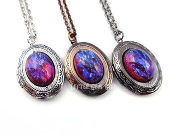 Czech Glass Mexican Opal Locket - Dragons Breath Locket in Silver, Copper or Gunmetal - Small Blue Red Opal Amulet Necklace