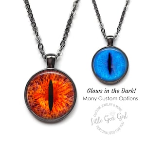 Glowing Cat Eye Necklace with Custom Color - Realistic Animal Dragon Eyeball Pendant - Steampunk Gothic Jewelry