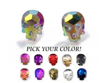 Puces d'oreilles tête de mort en cristal AB arc-en-ciel - Boucles d'oreilles tige en résine squelette 3D 8 x 10 mm ou 7 x 9 mm en titane ou en acier inoxydable