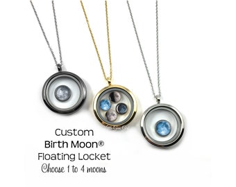 Custom Birth Moon Floating Locket Necklace 1 - 4 Moon Phase Charms - Birthday Moon Jewelry - Mothers Day Necklace - Stainless Steel Option