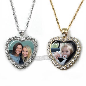 Custom Photo Heart Necklace in Silver or Gold Finish - Personalized Picture Heart Charm - Rhinestone Crystal Pendant