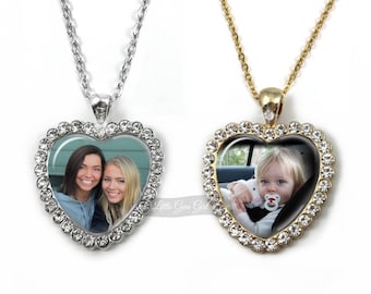 Custom Photo Heart Necklace in Silver or Gold Finish - Personalized Picture Heart Charm - Rhinestone Crystal Pendant