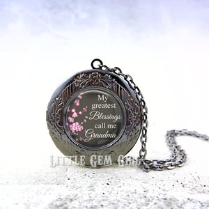 Grandma Locket -  Greatest Blessings call me Grandma Necklace Jewelry - Personalized Photo Locket Silver Bronze or Gunmetal & 17 Designs